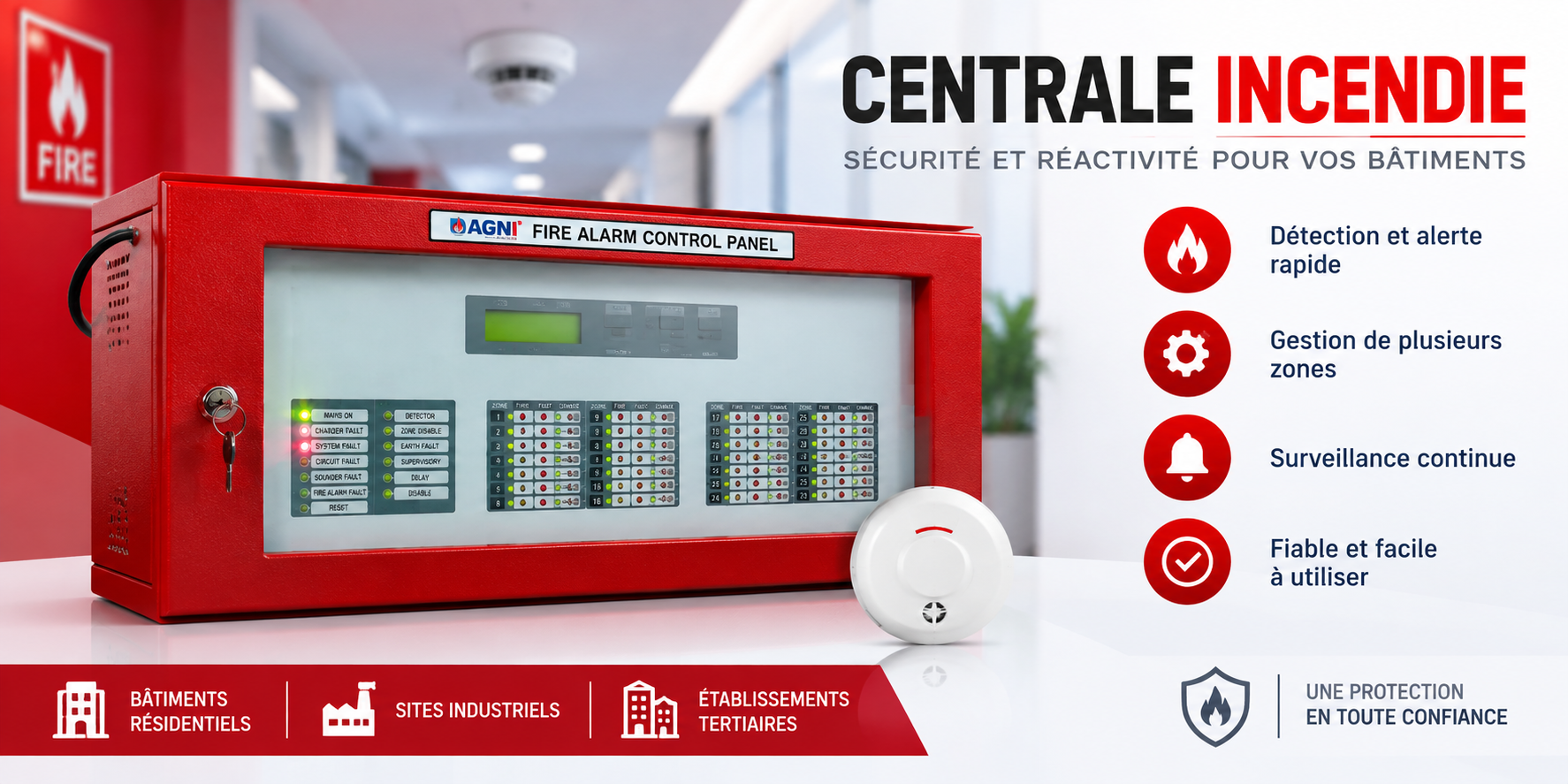 Centrale incendie avec détecteur de fumée et fonctions de détection, gestion multizone et surveillance continue
